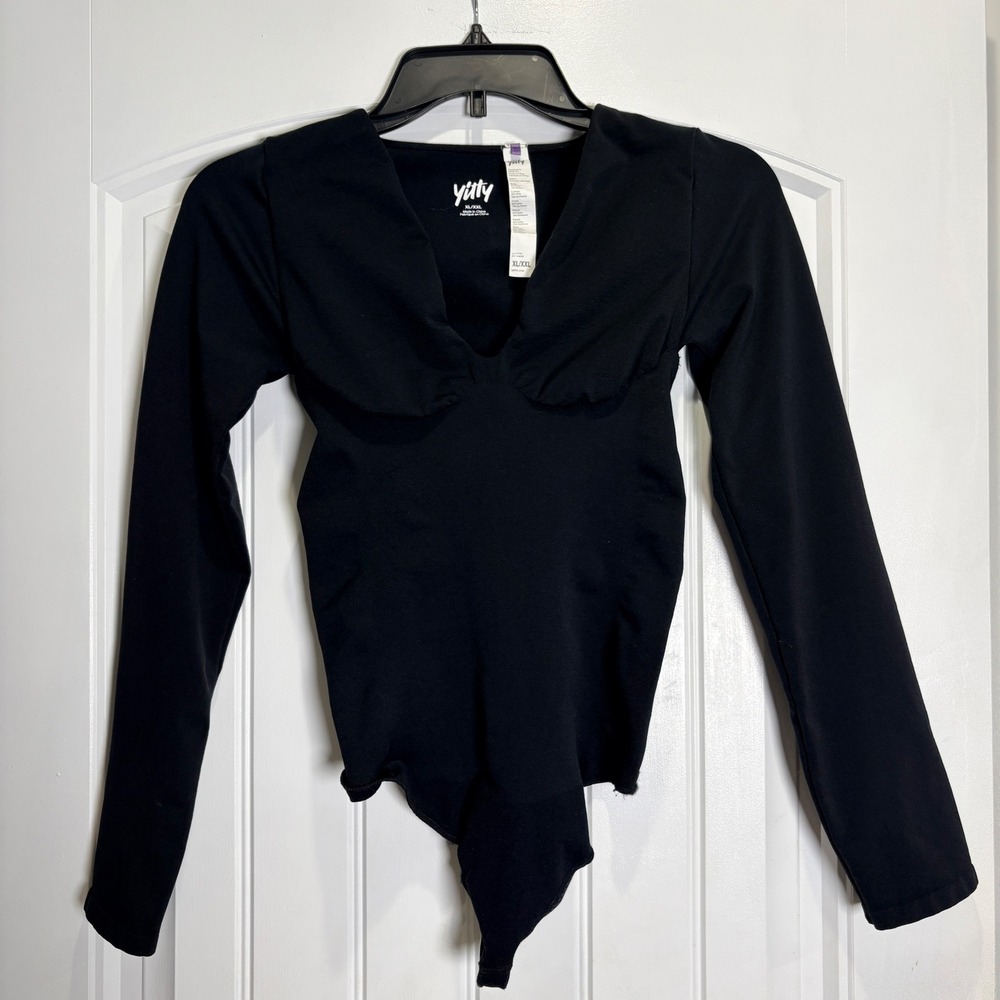 Yitty Bodysuit Womens XL/XXL Black Long Sleeve Deep V-Neck Shapewear Top